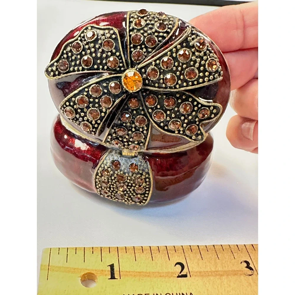 Round Burgundy Trinket Jewelry Box with Rhinestone Bow Accent Display Decor‎